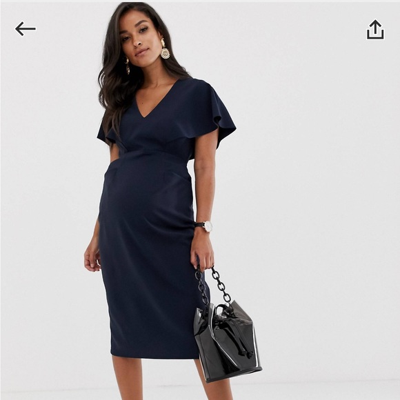 ASOS DESIGN Maternity Angel Sleeve Midi Pencil Dress in Navy NWT - Picture 4 of 9